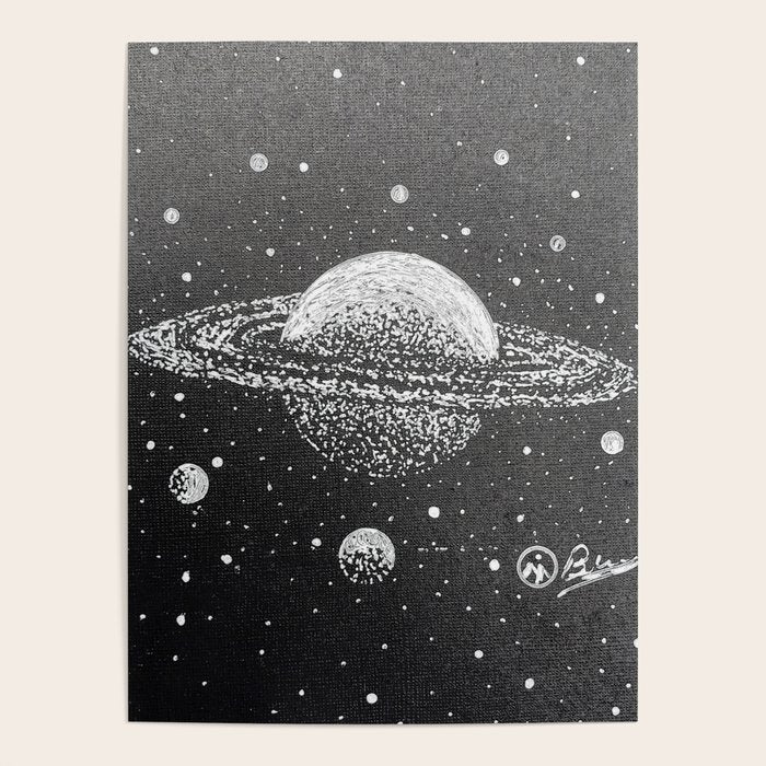 "Saturn's Moons" Outer Space Original Art, Planets, Galaxy Wall Decor Poster