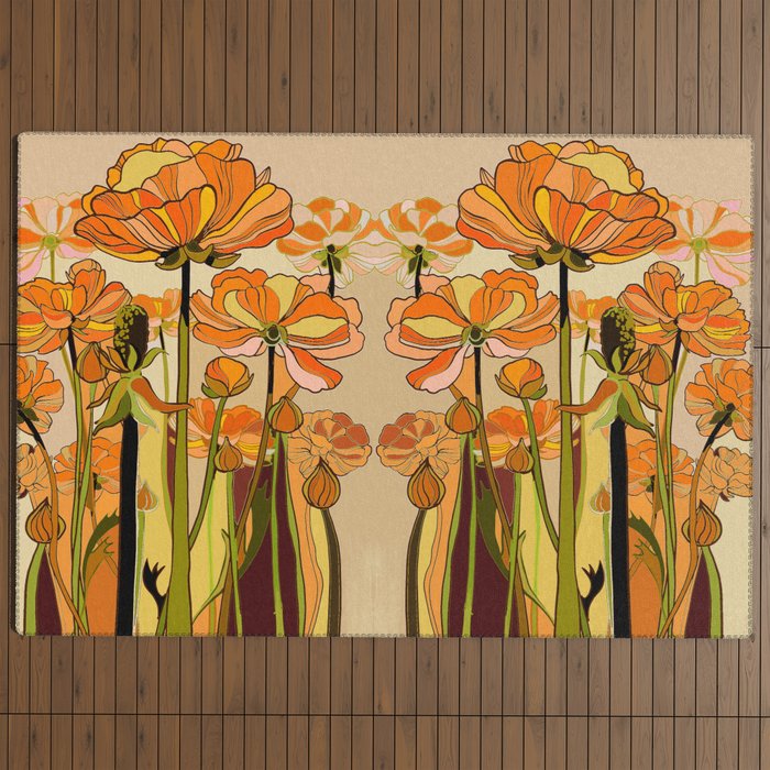 70s, Orange California poppies, mid century, 70s retro, flowers Outdoor Rug