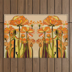 70s, Orange California poppies, mid century, 70s retro, flowers Outdoor Rug