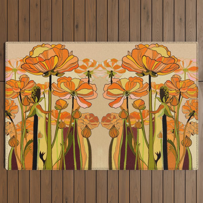 70s, Orange California poppies, mid century, 70s retro, flowers Outdoor Rug