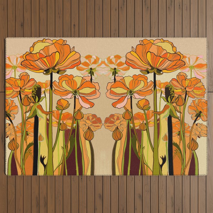 70s, Orange California poppies, mid century, 70s retro, flowers Outdoor Rug