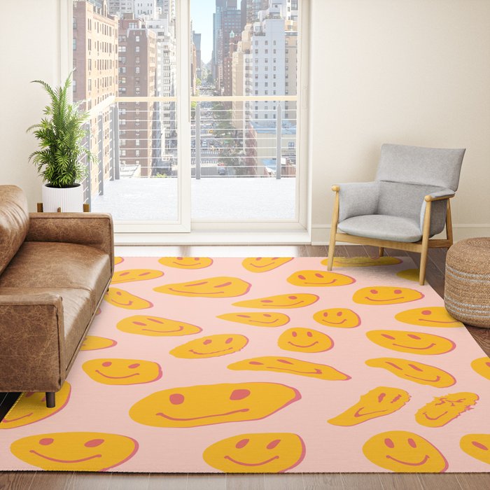 70s retro yellow smile face illustration  Rug