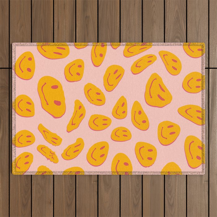 70s retro yellow smile face illustration  Outdoor Rug