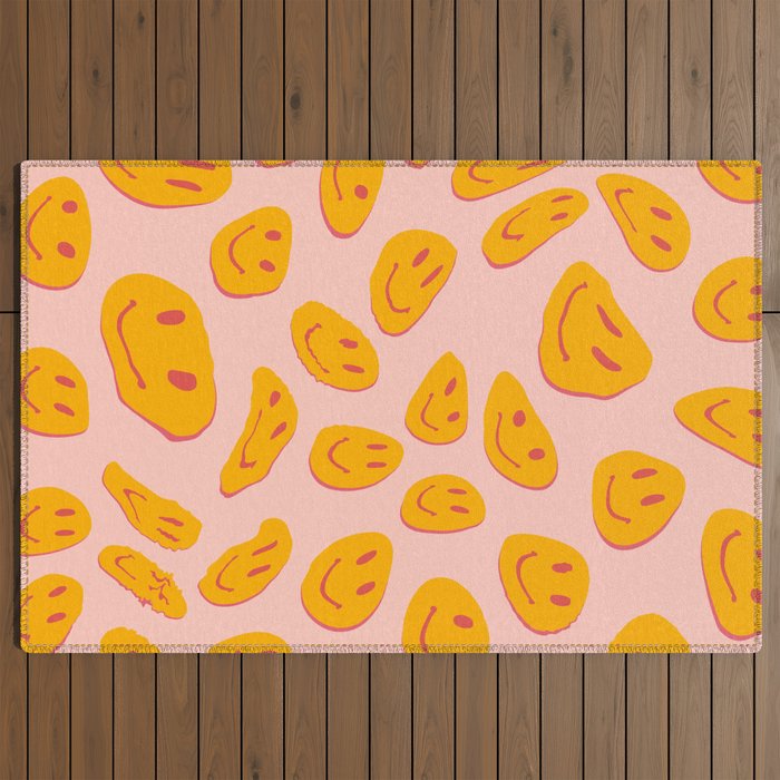 70s retro yellow smile face illustration  Outdoor Rug