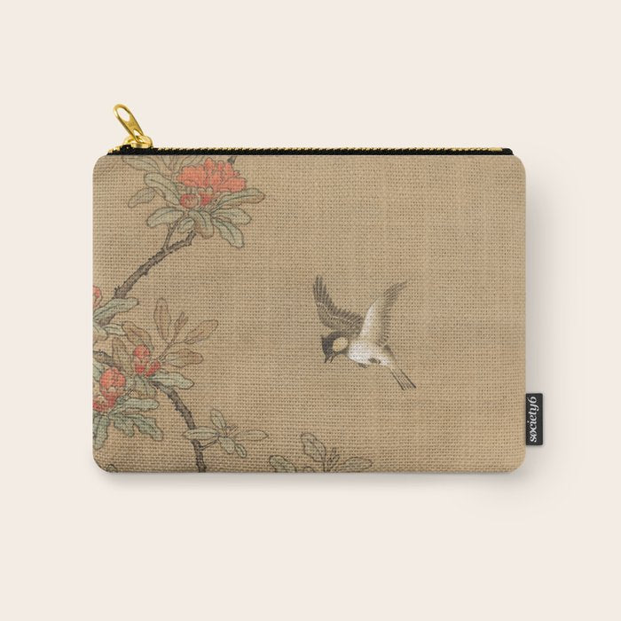 16th Century Japanese Bird and Peony Edo Era Painting Carry All Pouch