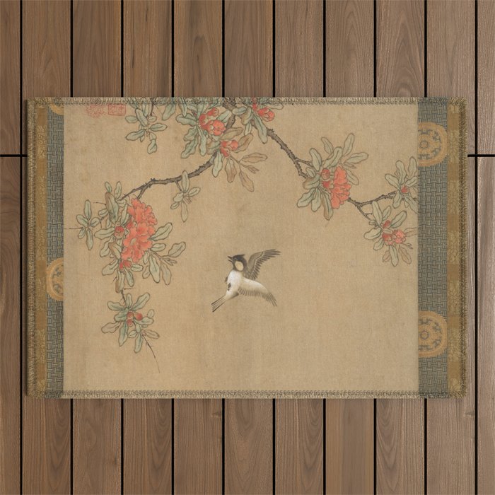 16th Century Japanese Bird and Peony Edo Era Painting Outdoor Rug