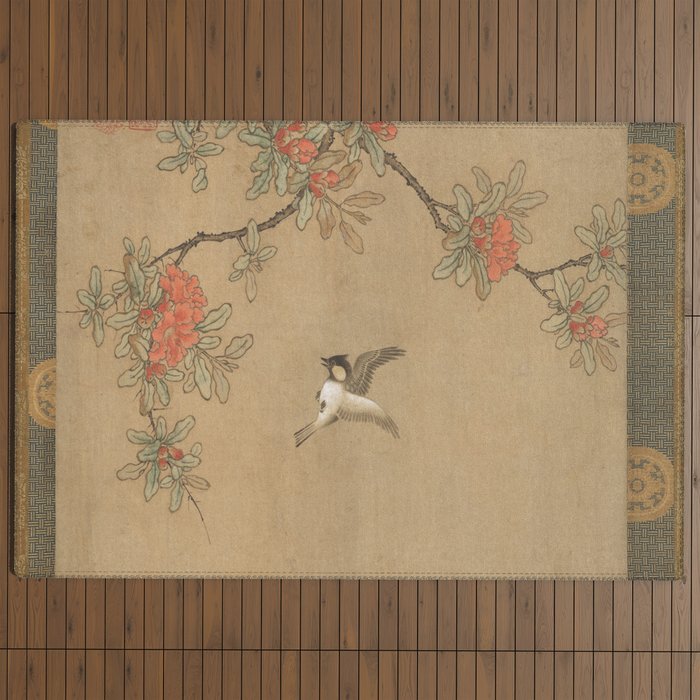 16th Century Japanese Bird and Peony Edo Era Painting Outdoor Rug