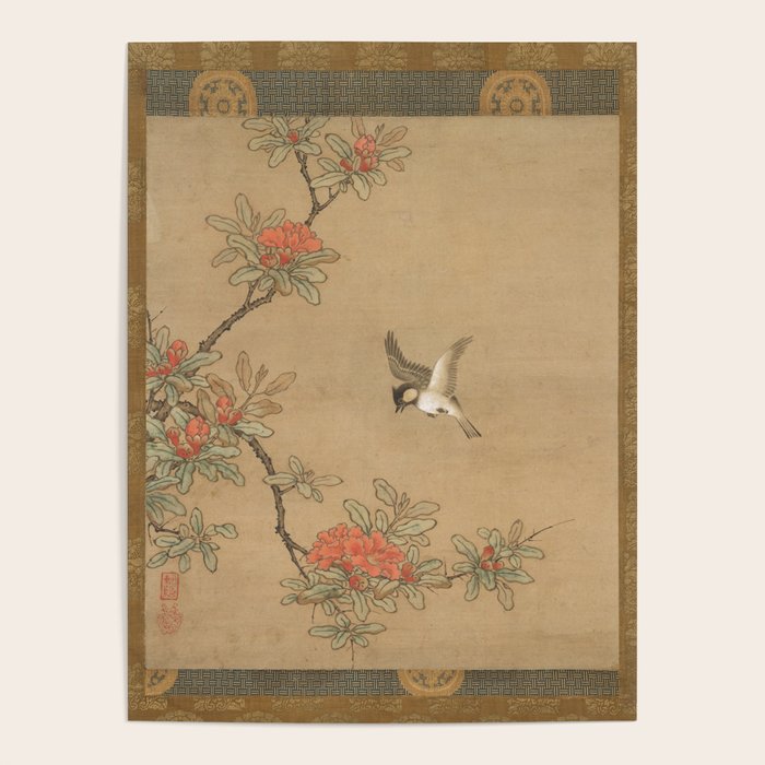 16th Century Japanese Bird and Peony Edo Era Painting Poster