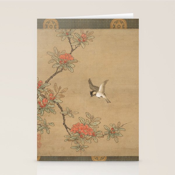 16th Century Japanese Bird and Peony Edo Era Painting Stationery Card