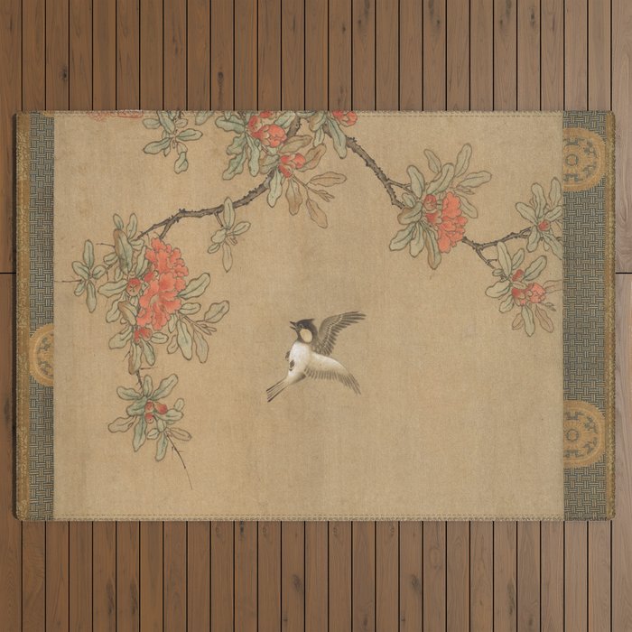 16th Century Japanese Bird and Peony Edo Era Painting Outdoor Rug