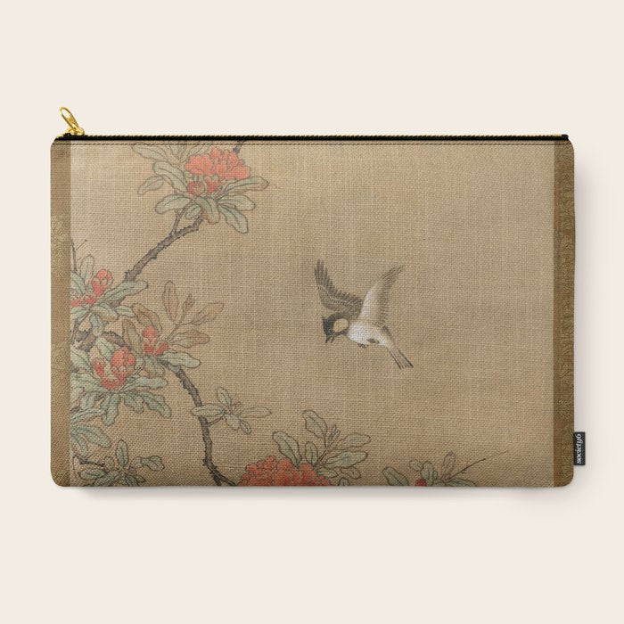 16th Century Japanese Bird and Peony Edo Era Painting Carry All Pouch