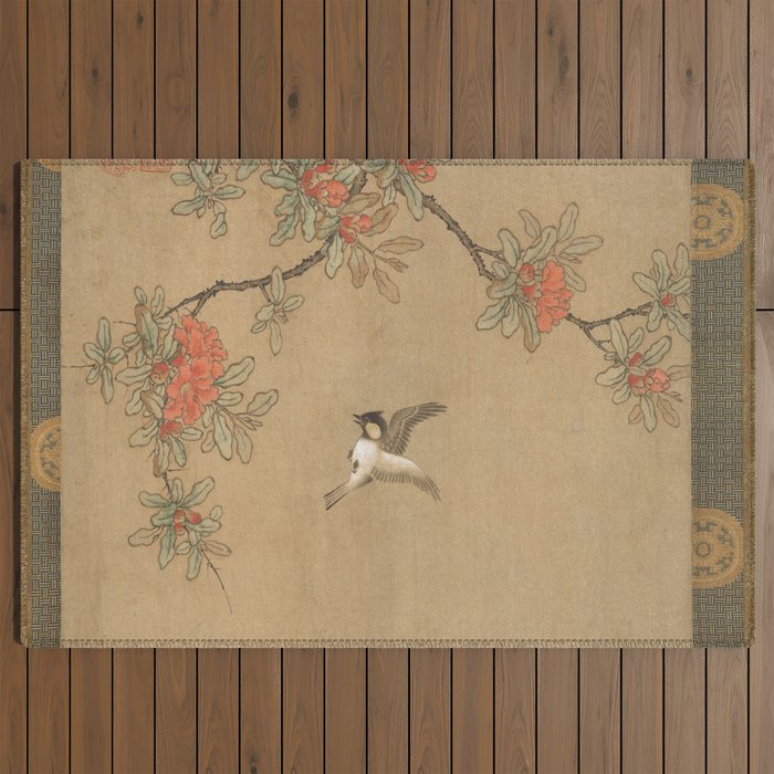 16th Century Japanese Bird and Peony Edo Era Painting Outdoor Rug