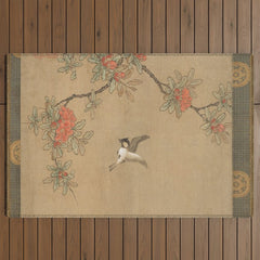 16th Century Japanese Bird and Peony Edo Era Painting Outdoor Rug