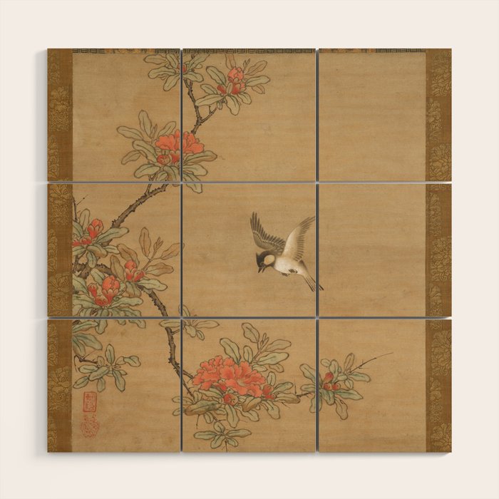 16th Century Japanese Bird and Peony Edo Era Painting Wood Wall Art