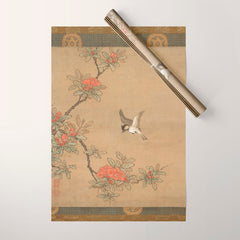 16th Century Japanese Bird and Peony Edo Era Painting Wrapping Paper