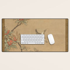16th Century Japanese Bird and Peony Edo Era Painting Desk Mat