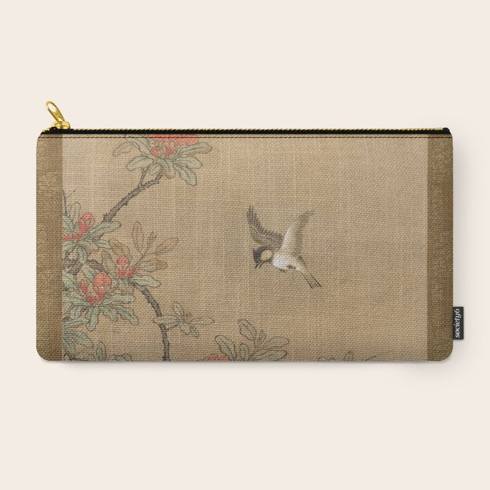 16th Century Japanese Bird and Peony Edo Era Painting Carry All Pouch