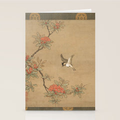 16th Century Japanese Bird and Peony Edo Era Painting Stationery Card