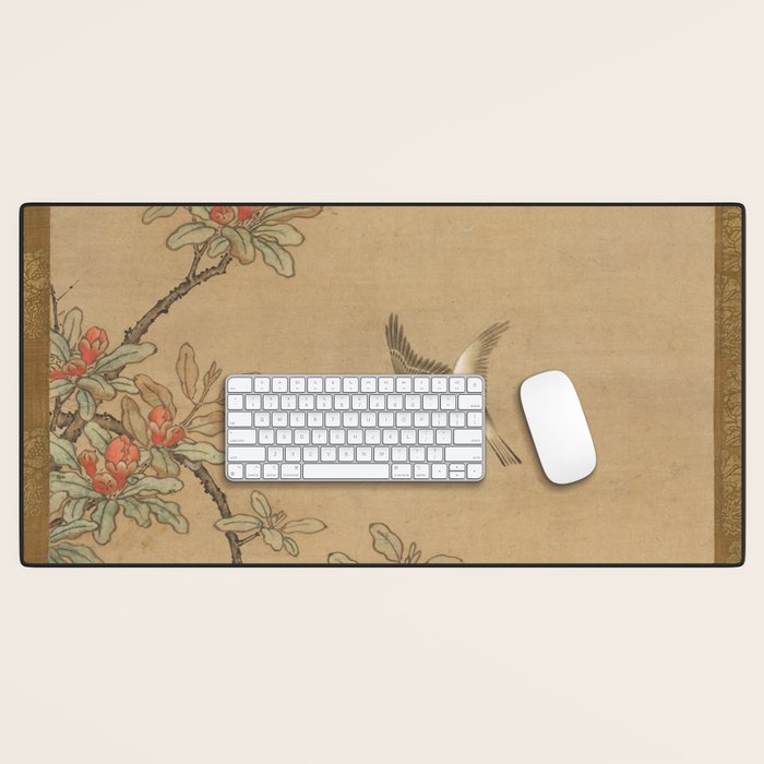 16th Century Japanese Bird and Peony Edo Era Painting Desk Mat