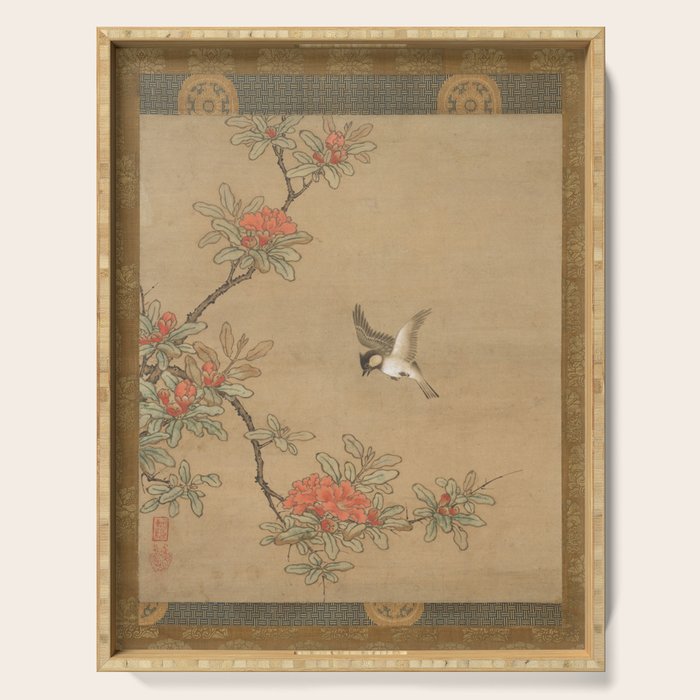 16th Century Japanese Bird and Peony Edo Era Painting Serving Tray