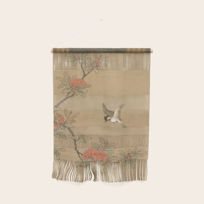16th Century Japanese Bird and Peony Edo Era Painting Wall Hanging
