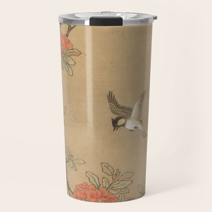 16th Century Japanese Bird and Peony Edo Era Painting Travel Mug