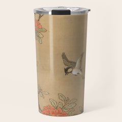 16th Century Japanese Bird and Peony Edo Era Painting Travel Mug