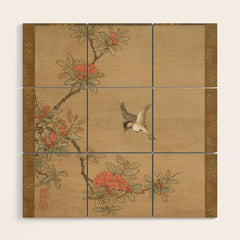 16th Century Japanese Bird and Peony Edo Era Painting Wood Wall Art