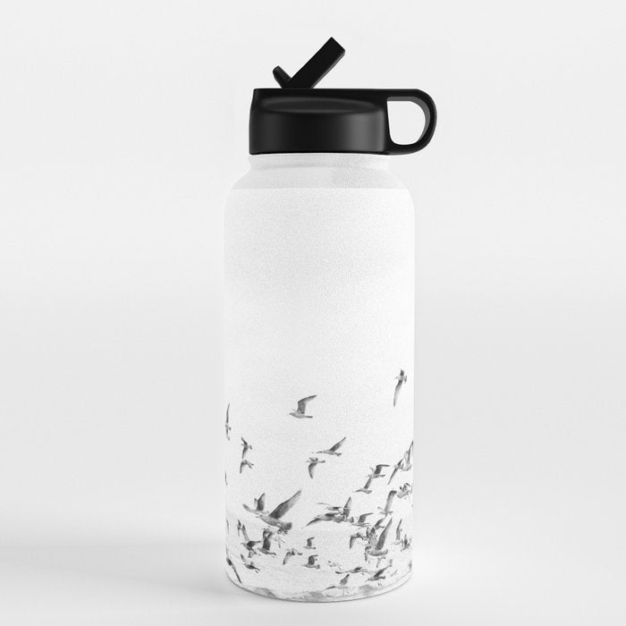 "Seagulls" | Coastal black and white photo | Film photography | Beach - square Water Bottle