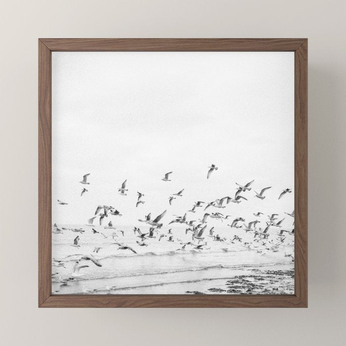 "Seagulls" | Coastal black and white photo | Film photography | Beach - square Mini Art Print