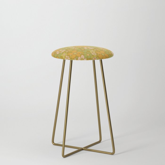 70s groovy retro floral pattern orange brown green handdrawn by surfy birdy  Stool