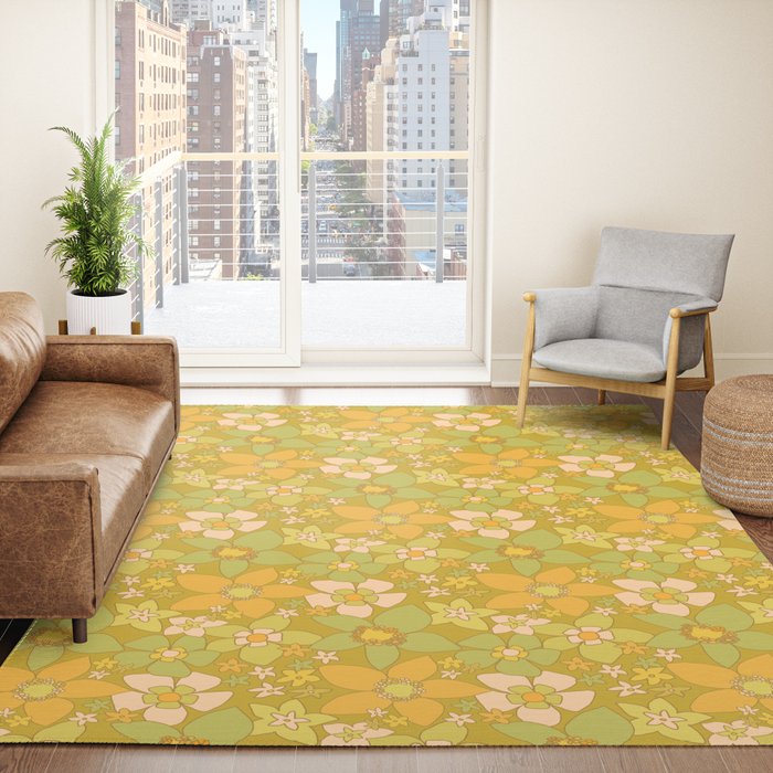 70s groovy retro floral pattern orange brown green handdrawn by surfy birdy  Rug