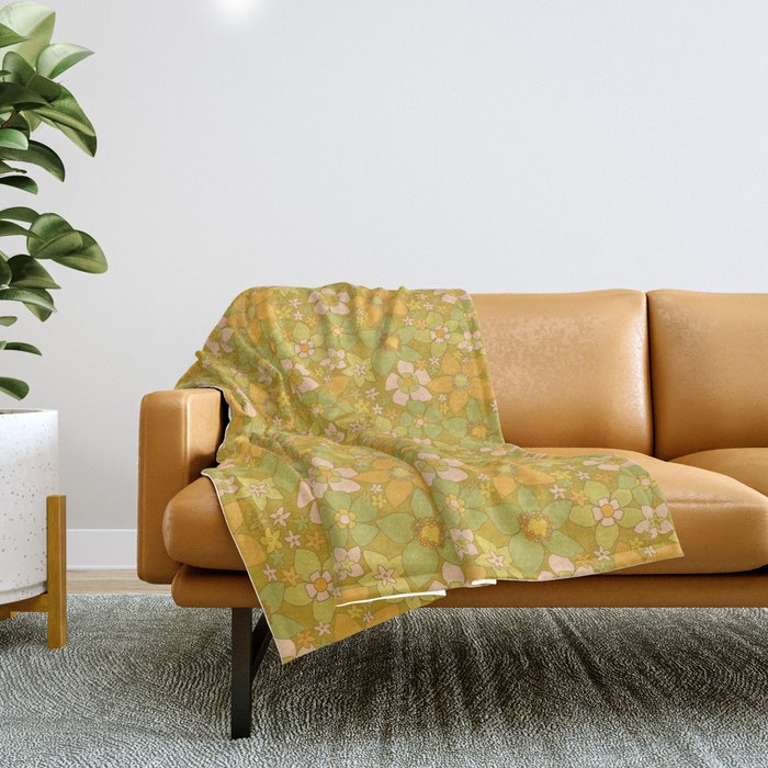 70s groovy retro floral pattern orange brown green handdrawn by surfy birdy  Throw Blanket