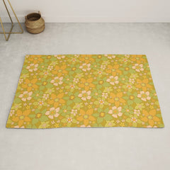 70s groovy retro floral pattern orange brown green handdrawn by surfy birdy  Rug