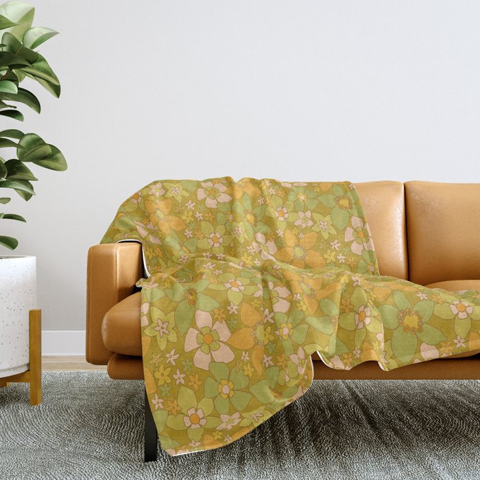 70s groovy retro floral pattern orange brown green handdrawn by surfy birdy  Throw Blanket
