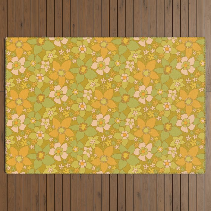 70s groovy retro floral pattern orange brown green handdrawn by surfy birdy  Outdoor Rug