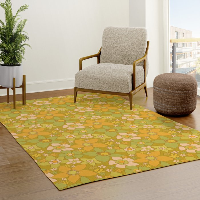 70s groovy retro floral pattern orange brown green handdrawn by surfy birdy  Rug