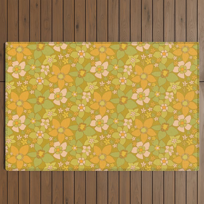 70s groovy retro floral pattern orange brown green handdrawn by surfy birdy  Outdoor Rug