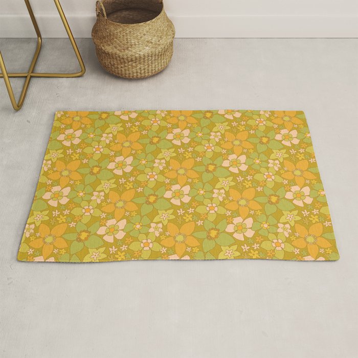 70s groovy retro floral pattern orange brown green handdrawn by surfy birdy  Rug