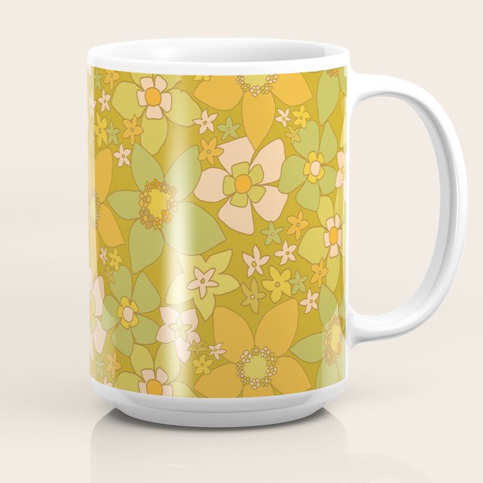 70s groovy retro floral pattern orange brown green handdrawn by surfy birdy  Coffee Mug