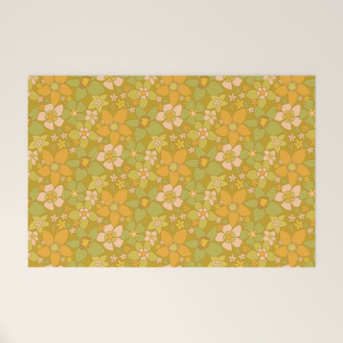 70s groovy retro floral pattern orange brown green handdrawn by surfy birdy  Welcome Mat