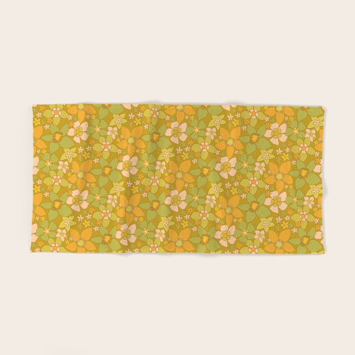 70s groovy retro floral pattern orange brown green handdrawn by surfy birdy  Bath Towel