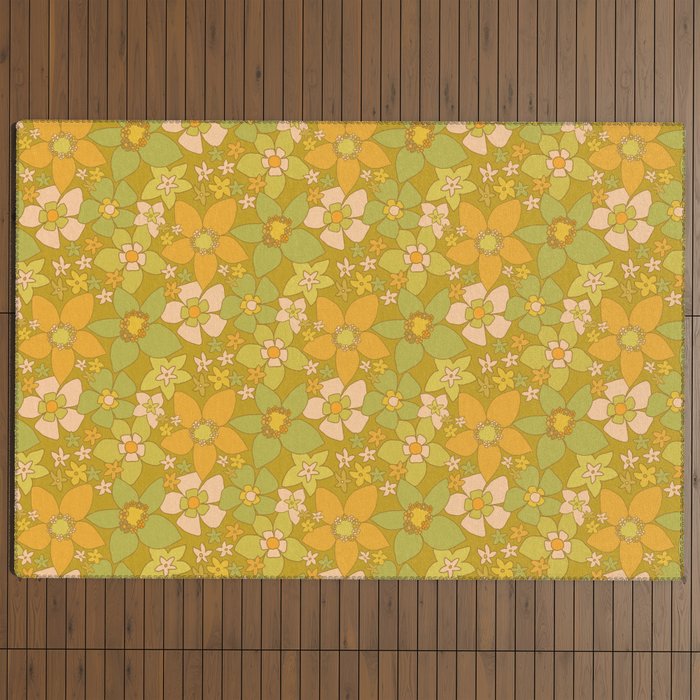 70s groovy retro floral pattern orange brown green handdrawn by surfy birdy  Outdoor Rug