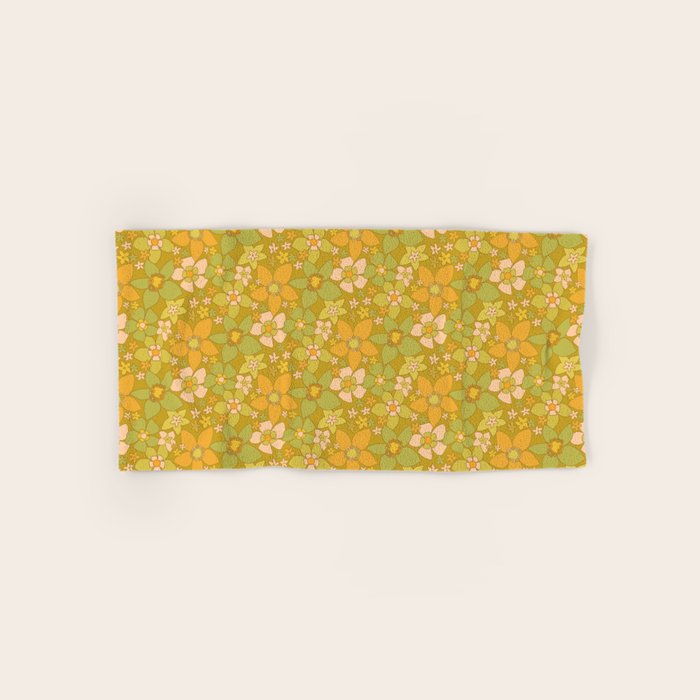 70s groovy retro floral pattern orange brown green handdrawn by surfy birdy  Bath Towel