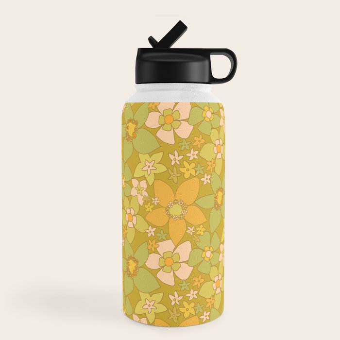 70s groovy retro floral pattern orange brown green handdrawn by surfy birdy  Water Bottle