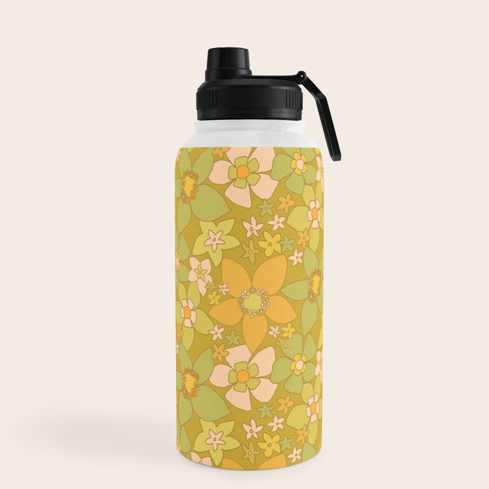 70s groovy retro floral pattern orange brown green handdrawn by surfy birdy  Water Bottle