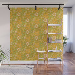 70s groovy retro floral pattern orange brown green handdrawn by surfy birdy  Wall Mural