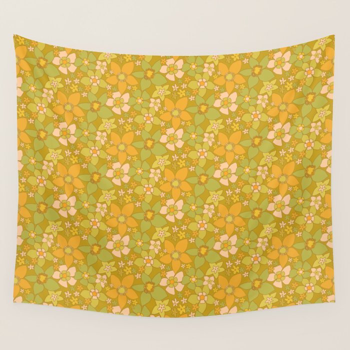 70s groovy retro floral pattern orange brown green handdrawn by surfy birdy  Wall Tapestry