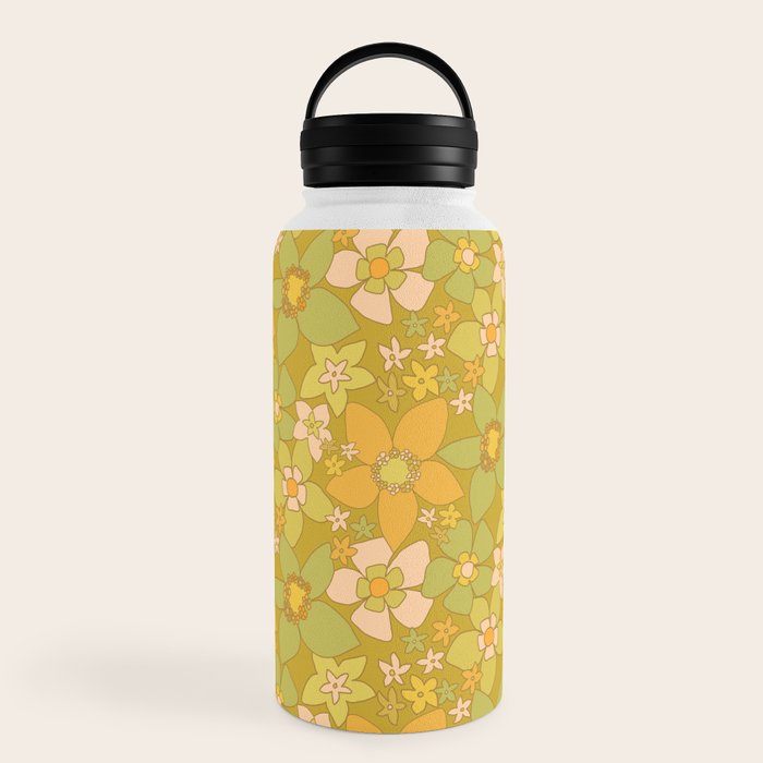 70s groovy retro floral pattern orange brown green handdrawn by surfy birdy  Water Bottle