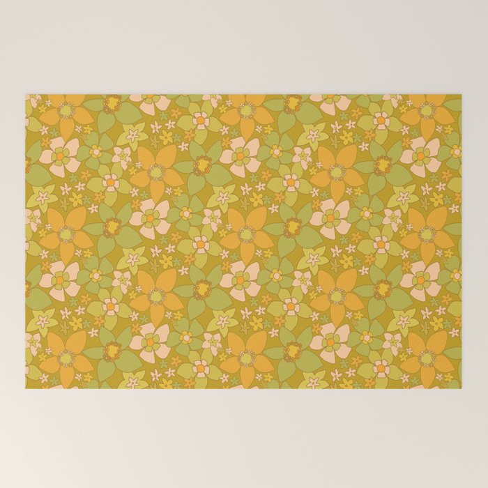 70s groovy retro floral pattern orange brown green handdrawn by surfy birdy  Welcome Mat